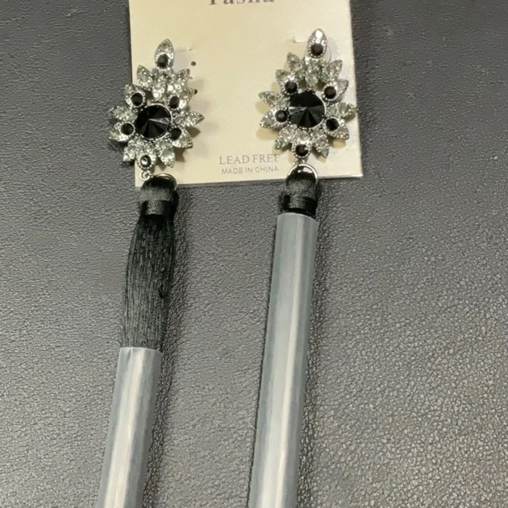 Tasha NWT Beaded Rhinestone Earrings with Black Tassels